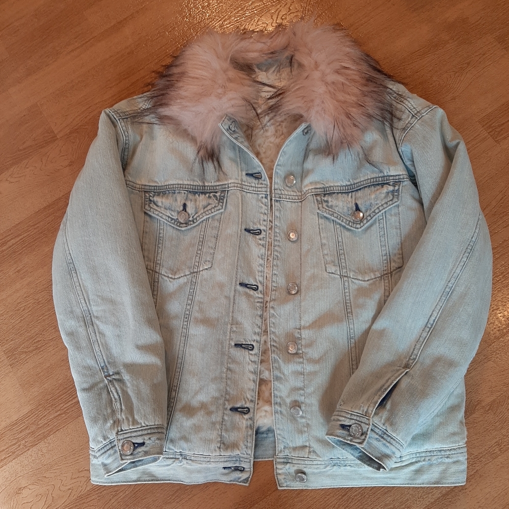 American Eagle Jean Jacket with Faux Pink Fur
